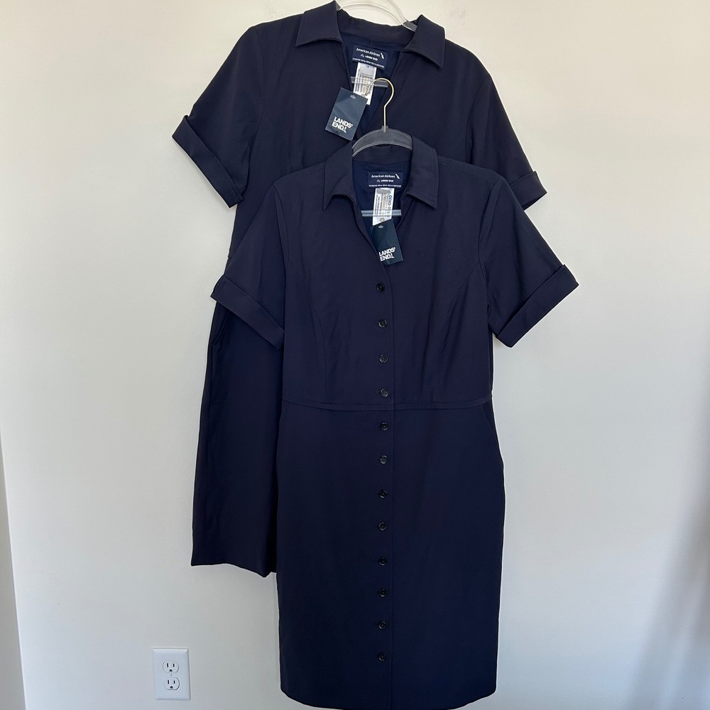 LOT OF 2 Lands End American Airlines NWT Dress Navy Blue 12 Short Sleeve